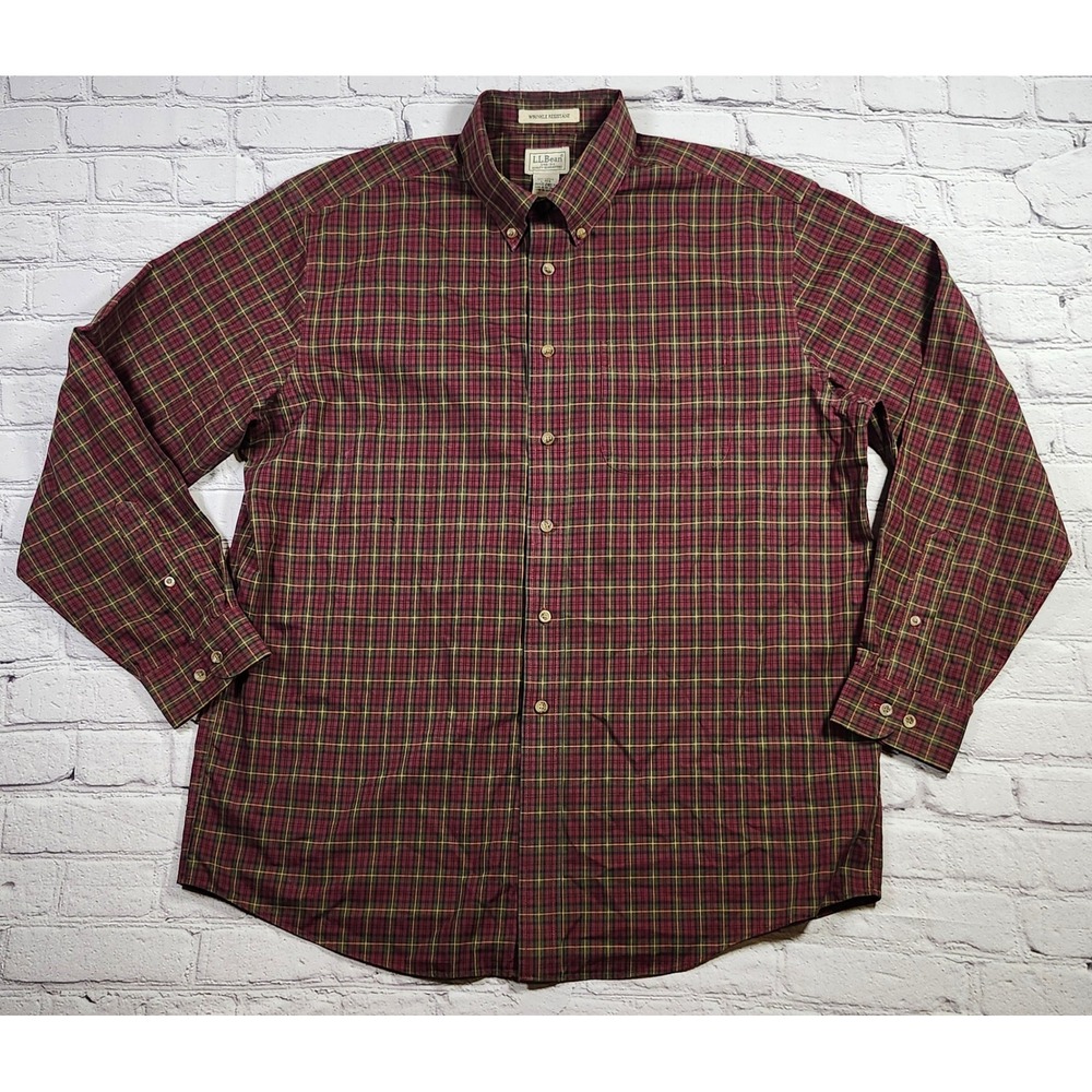 LL Bean Mens Large Red Green Plaid Wrinkle Resistant Cotton Button Down Shirt